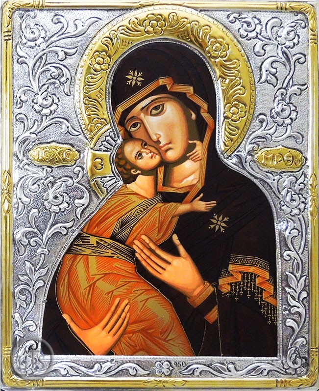 HolyTrinityStore Photo - Virgin of Vladimir, Serigraph Icon in Sterling  Silver / Gold Plated Oklad 
