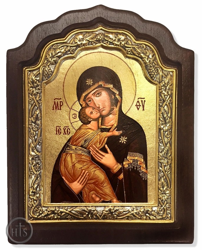 HolyTrinityStore Picture - Virgin of Vladimir, Serigraph Icon in Wood / Silver 925 Frame 