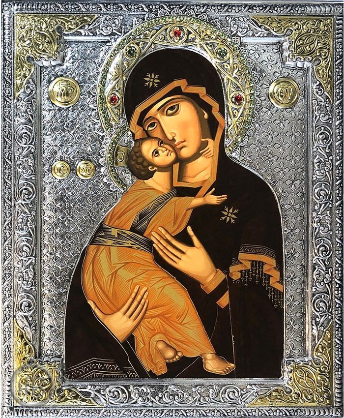 HolyTrinityStore Image - Virgin of Vladimir,   Serigraph  Icon in Silver /  Gold Plated Riza 