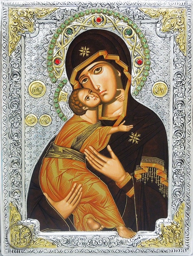 Product Image - Virgin of Vladimir,   Serigraph  Icon in Silver /  Gold Plated Riza 