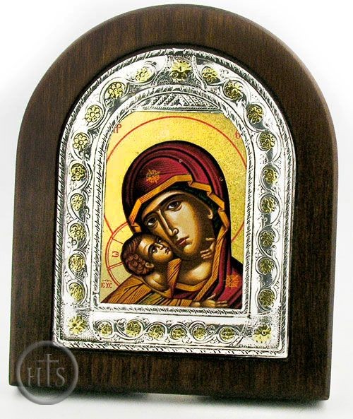 HolyTrinityStore Image - Virgin of Vladimir, Orthodox  Silver Silk Screen Framed Greek Icon 