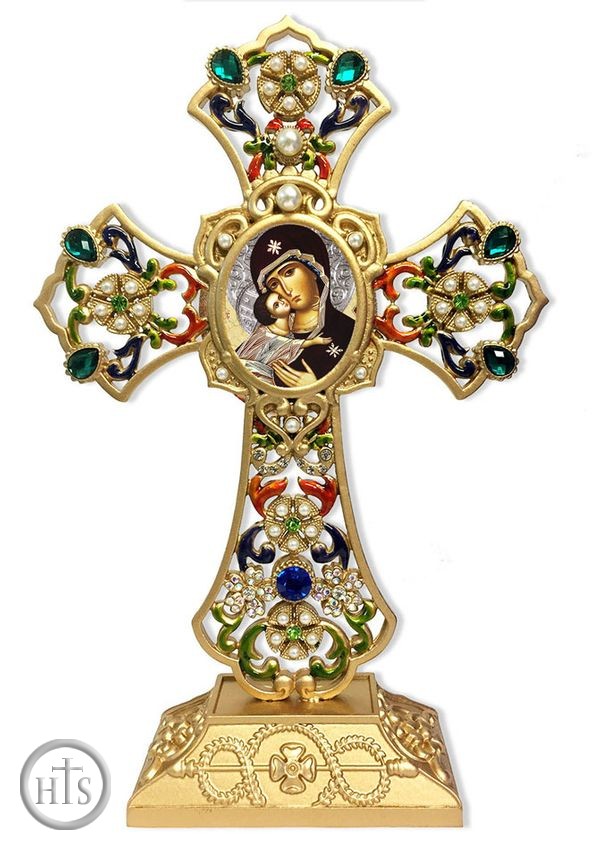 Product Pic - Virgin of Vladimir in Filigree Standing Jeweled Cross