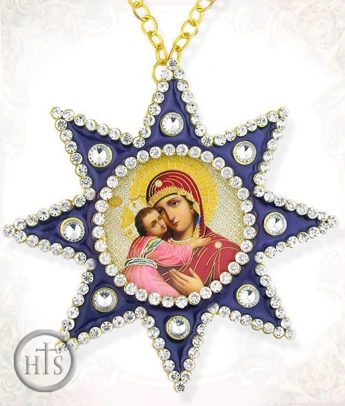 Picture - Virgin of Vladimir, Ornament Icon Pendant with Chain, Blue