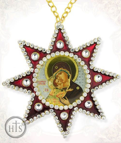 HolyTrinity Pic - Virgin of Vladimir, Ornament Icon Pendant with Chain, Red