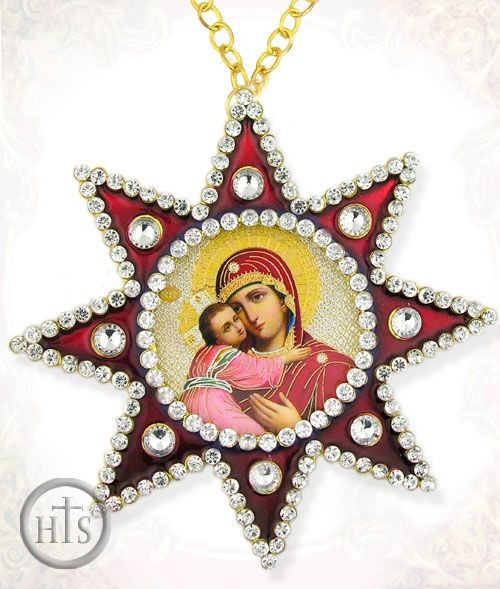HolyTrinityStore Picture - Virgin of Vladimir, Ornament Icon Pendant with Chain, Red
