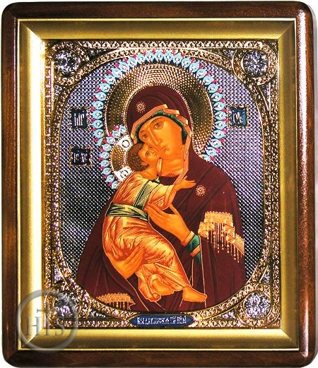 Picture - Virgin of Vladimir with Metal Riza Enamel in Wood Kiot Orthodox Christian Icon