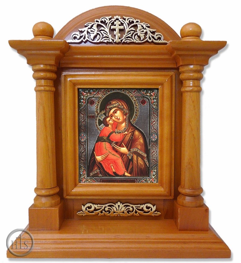 HolyTrinityStore Photo - Virgin of Vladimir, Kiot  Icon  in Wood Shrine with Glass