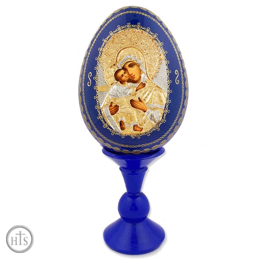 HolyTrinityStore Photo - Virgin of Vladimir, Wooden Egg with Stand, Blue