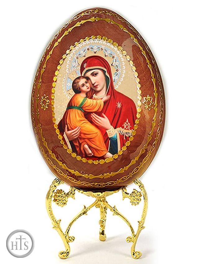Product Photo - Virgin of Vladimir, Wooden Decoupage Icon Egg with Stand