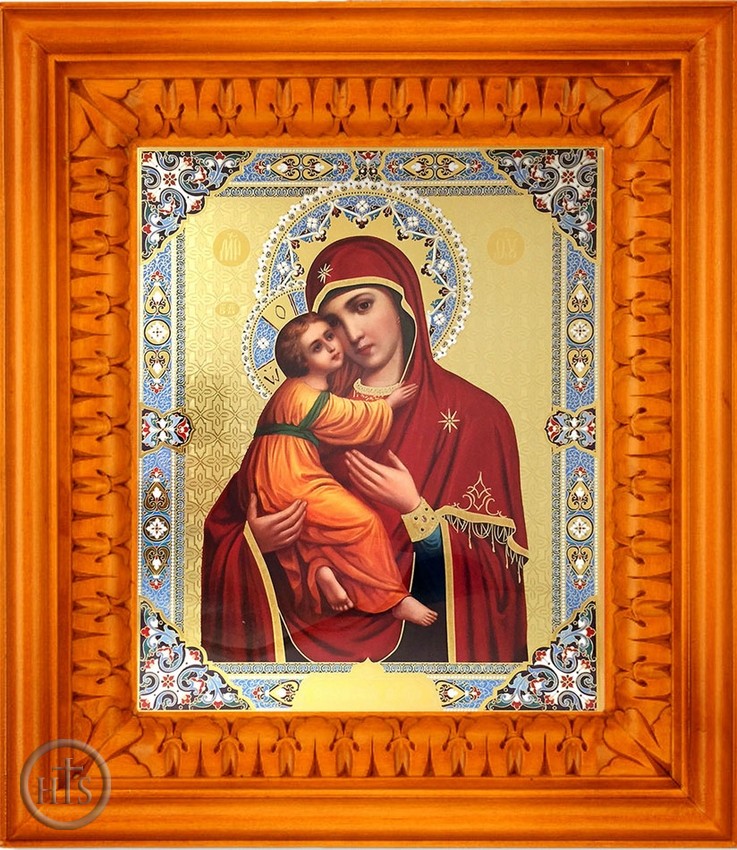 Picture - Virgin of Vladimir, Orthodox  Icon in Wooden Kiot (Shrine) with Glass
