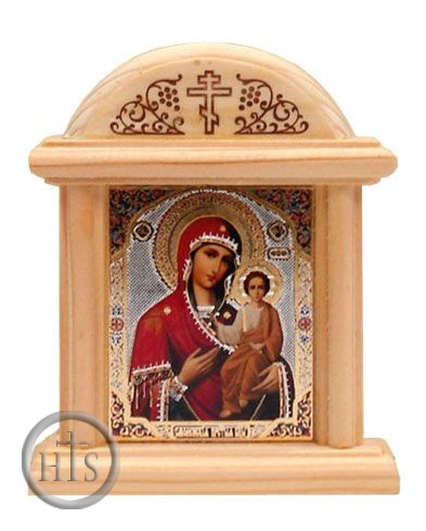 Product Photo - Virgin of Smolensk, Oklad Orthodox Christian Mini   Icon in Wood Shrine