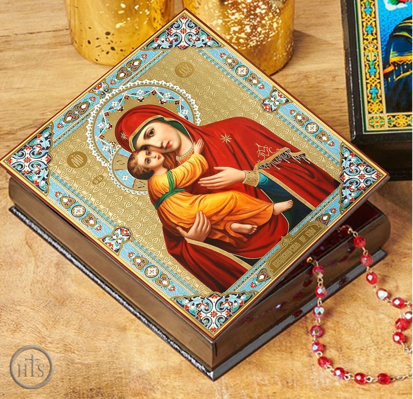 HolyTrinityStore Photo - Virgin of Vladimir, Wooded Icon Keepsake Rosary Box