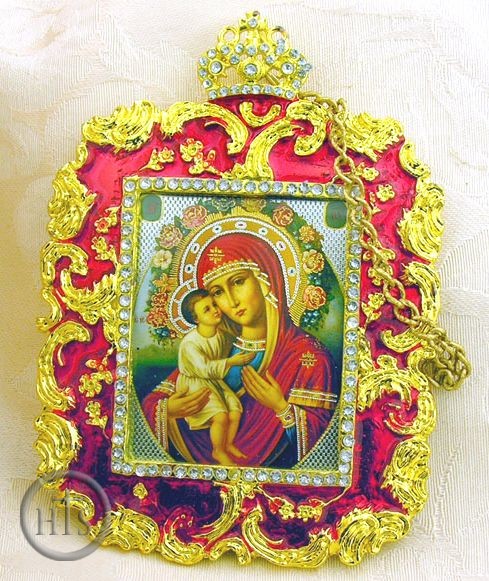 Pic - Virgin Mary Zirovitskaya - Flowers,  Square Shaped Ornament Icon, Red