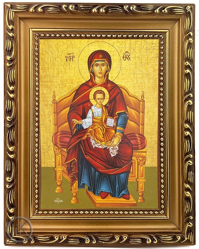 HolyTrinityStore Picture - Virgin Mary Enthroned, Wooden Frame Gold Foil Icon with Stand