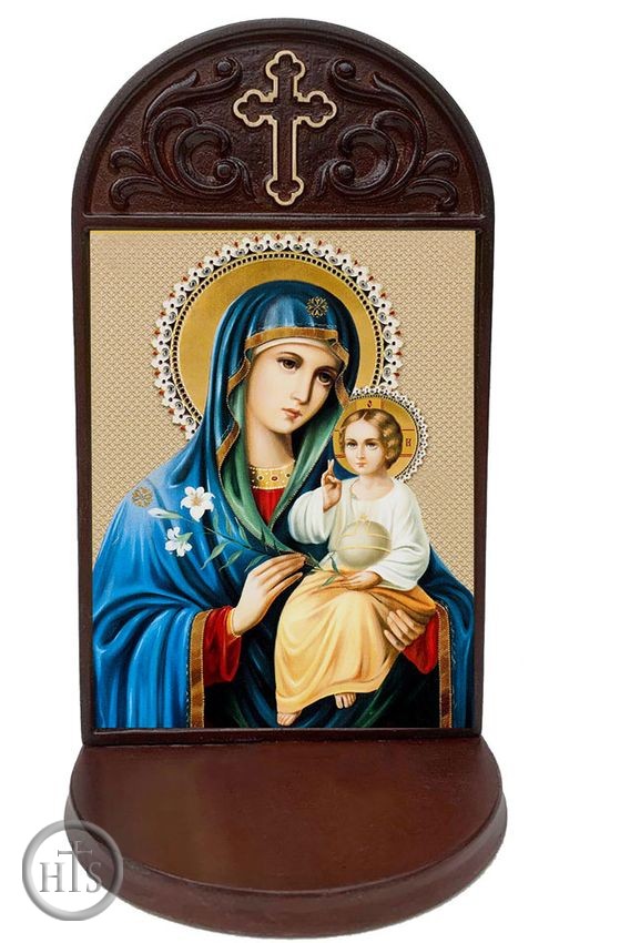HolyTrinityStore Photo - Virgin Mary Eternal Bloom Icon in Wooden Shrine With Shelf 