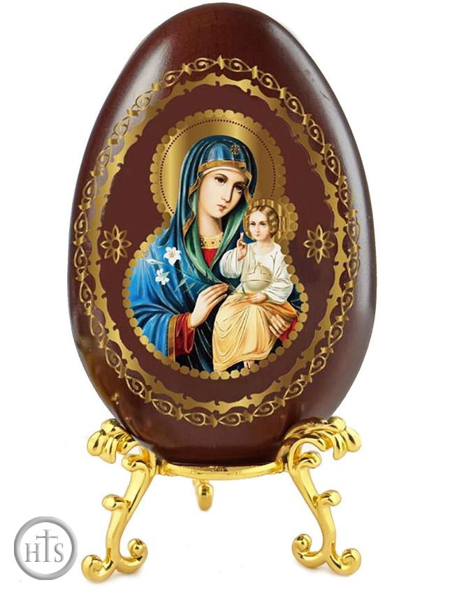HolyTrinityStore Photo - Virgin Mary Eternal Bloom, Wooden Decoupage Icon Egg with Stand