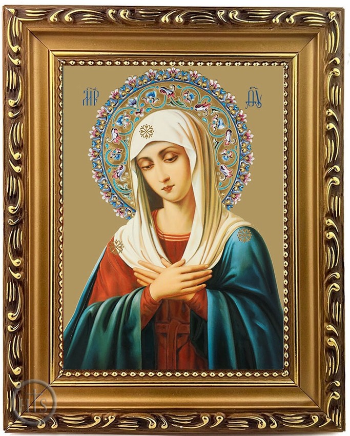 Pic - Virgin Mary Extreme Humility, Wooden Frame Orthodox Icon with Stand 