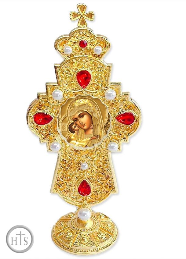 Product Photo - Virgin Mary Feodorovskaya, Jeweled Standing Cross, 7 Inch