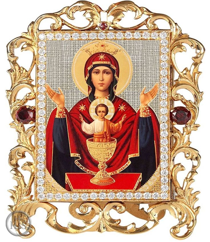 Picture - Virgin Mary Inexhaustible Cup, Jeweled Framed Icon w/ Stand and Chain