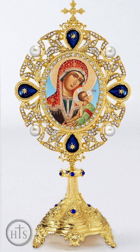 Photo - Virgin Mary Perpetual Help Icon in Jeweled Shrine, Blue Crystals