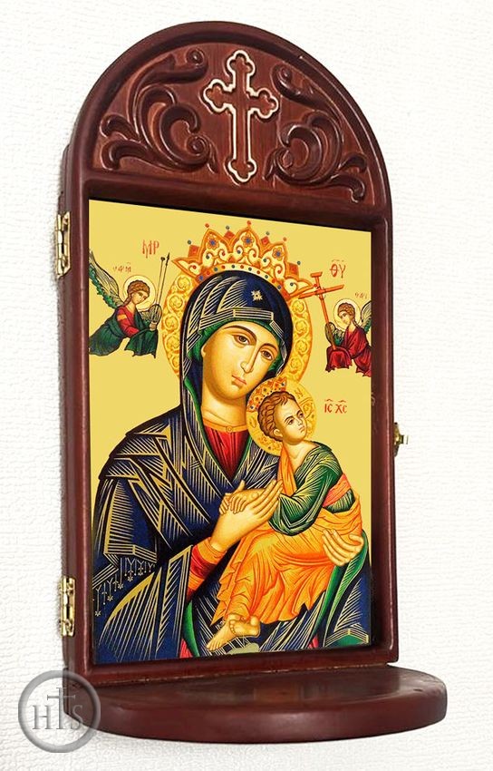 HolyTrinity Pic - Virgin Mary Perpetual Help Icon in Wooden Shrine With Shelf 