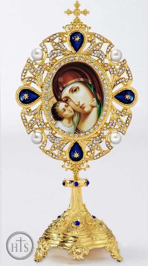 Picture - Virgin Mary Sweet Kissing Icon in Jeweled Shrine, Blue Crystals