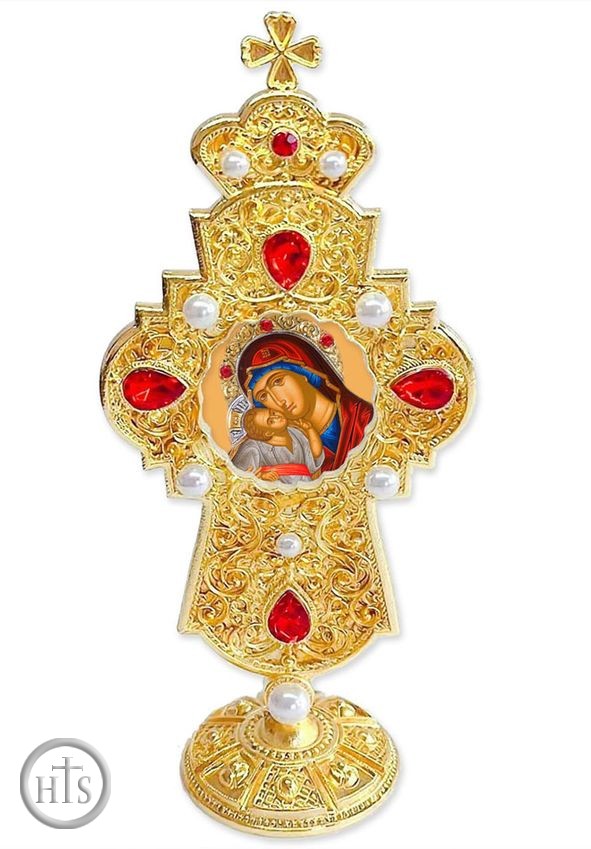 Photo - Virgin Mary Sweet Kissing, Jeweled Standing Cross, 7 Inch