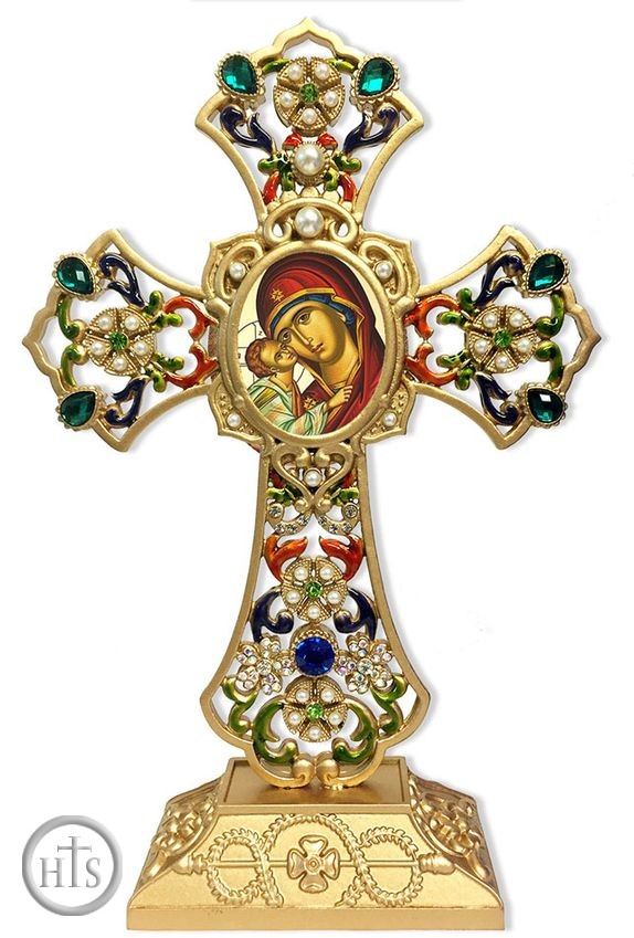 Product Pic - Virgin Mary Sweet Kissing in Filigree Standing Jeweled Cross