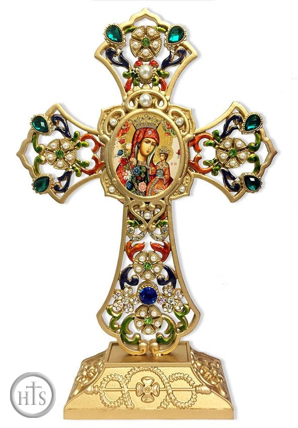 Picture - Virgin Mary Unfading Bloom in Filigree Standing Jeweled Cross