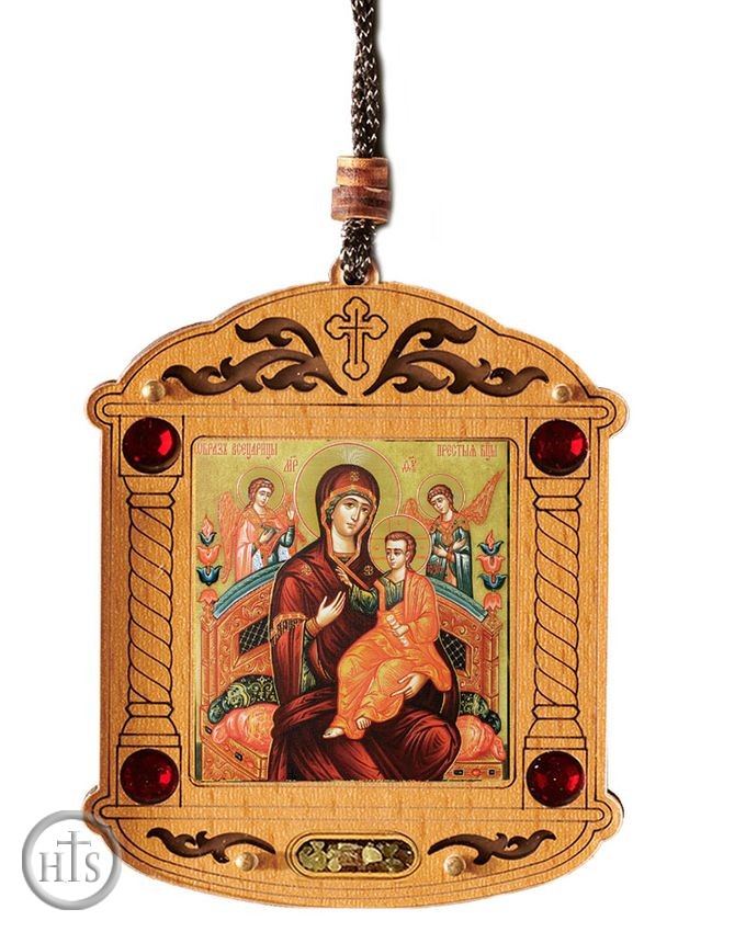 Product Image - Virgin Mary Queen of All, Wooden Icon Shrine Pendant on Rope