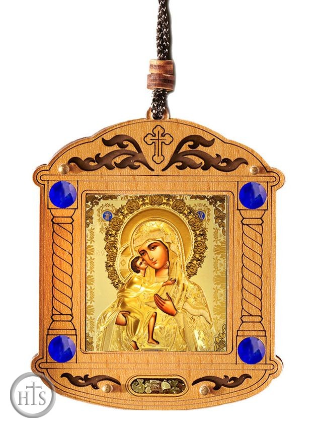 Pic - Virgin Mary Feodorovskaya, Wooden Icon Shrine Pendant on Rope