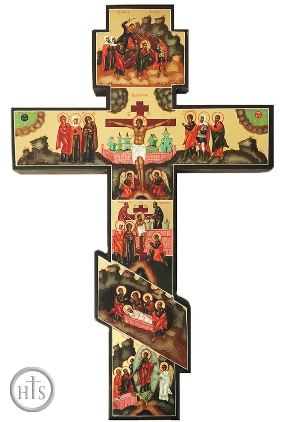 Product Photo - Three Barred Wooden Wall Cross with Hand Painted Icons
