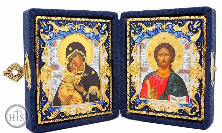HolyTrinityStore Photo - Christ the Teacher / Virgin of Vladimir, Enameled Icons Diptych