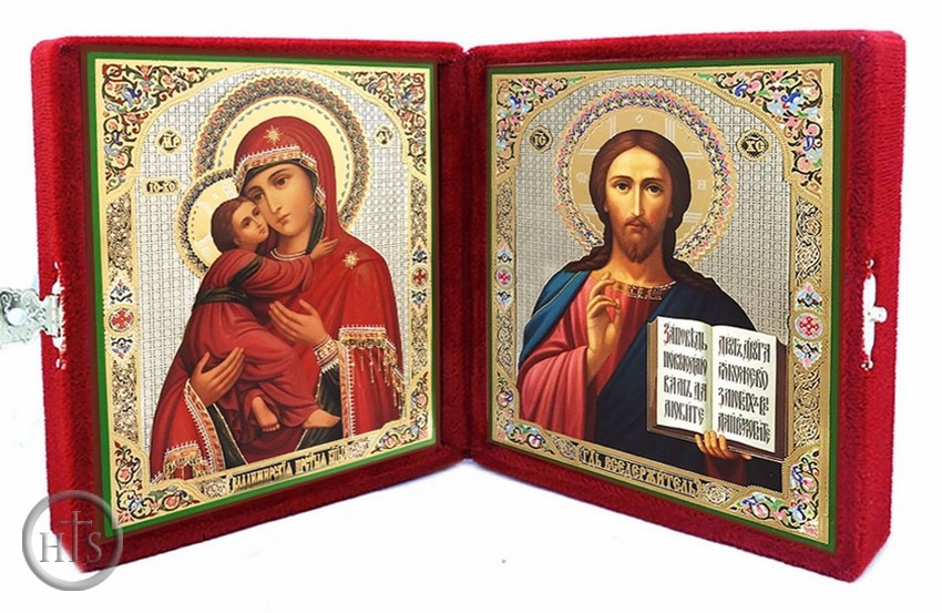 Product Picture - Virgin of Vladimir & Christ The Teacher,  Icon Diptych in Velvet Case