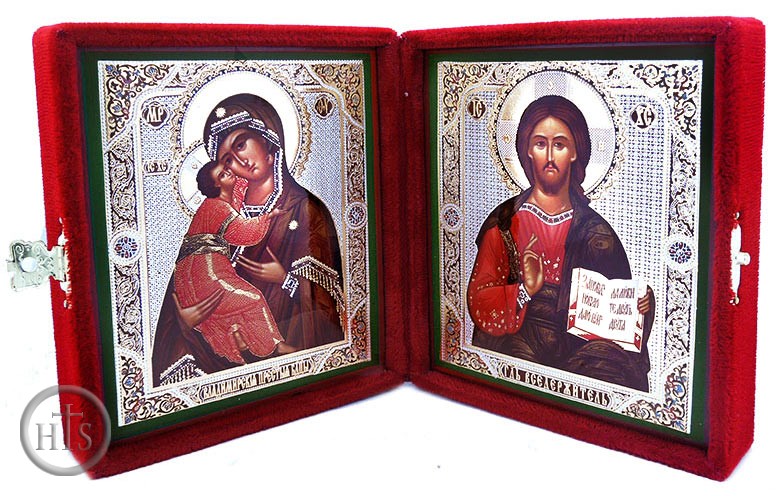 Product Photo - Virgin of Vladimir & Christ The Teacher,  Icon Diptych in Velvet Case