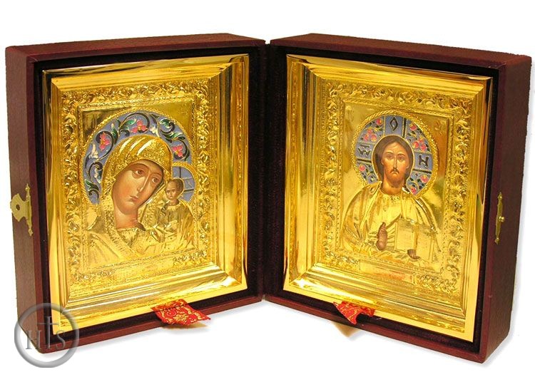 Product Image - The Christ / The Virgin of Kazan, Set of Wedding Icons,  Enameled, Gold Plated with Glass in Leather Case