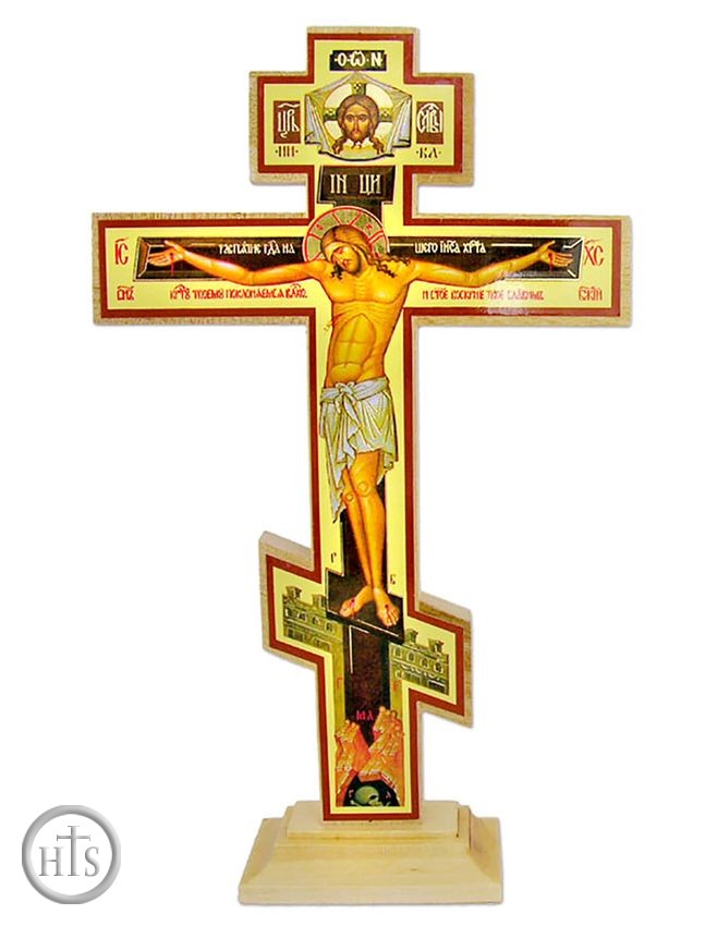 HolyTrinityStore Image - Wooden Decoupage Three Barred Cross on Stand, 6 1/2