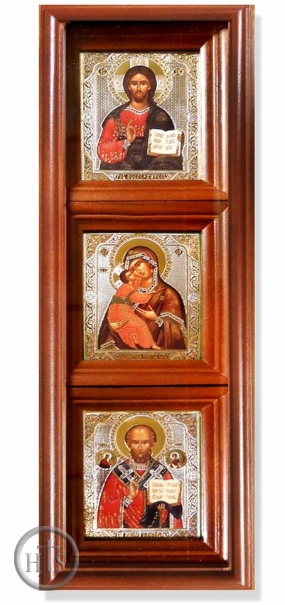 Product Photo - 3 Orthodox Christian Icons in Wood Shrine with Glass