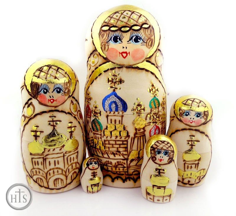 HolyTrinityStore Photo - Woodburn Hand Painted 5 Nesting Doll w/Churches 