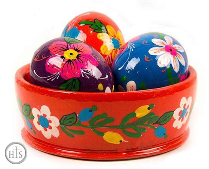 Product Pic - Traditional Ukrainian Wooden Bowl with 3 Wooden Eggs, Red