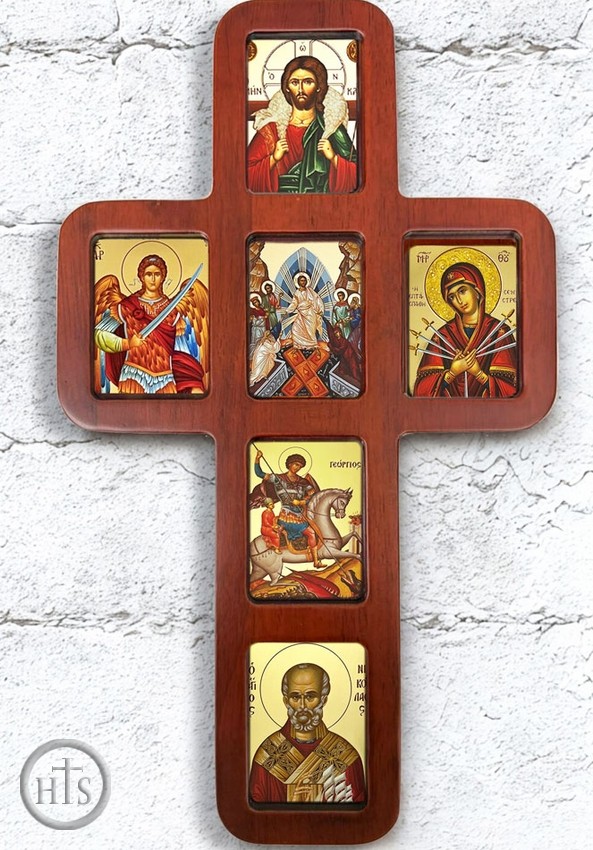 Product Photo - Wooden Cross with Greek Icons, Wall Hanging