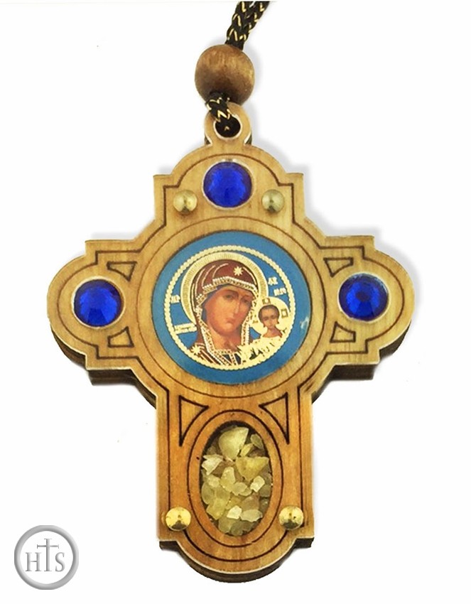 Product Pic - Wooden Cross   on Rope with Virgin of  Kazan Icon