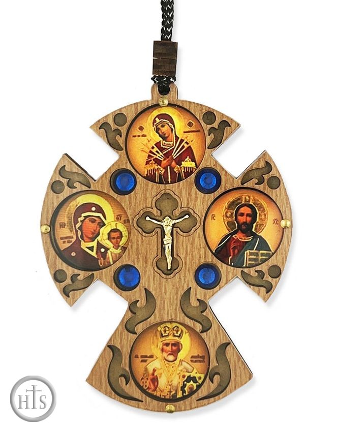 Product Picture - Wooden Cross on Rope with Mini Icons, 3 1/4