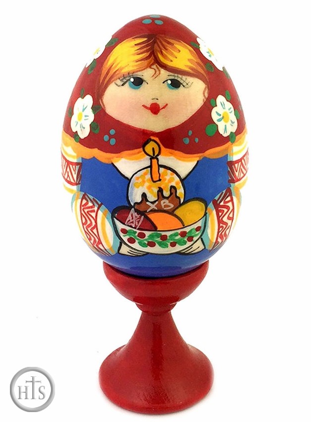 Product Image - Girl Holding Kulich, Wooden Easter Egg with Stand 