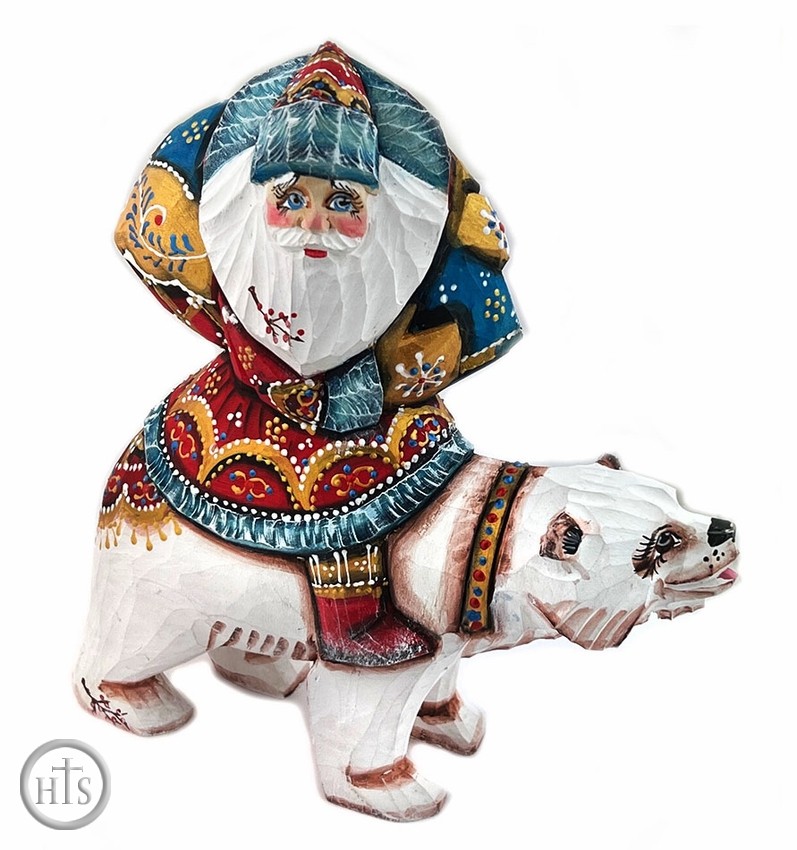 HolyTrinityStore Image - Wooden Father Frost (Santa) Riding White Bear, Hand Carved & Hand Painted 