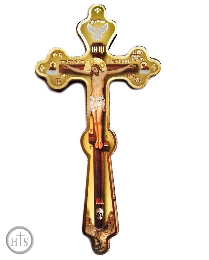 HolyTrinityStore Picture - Wooden Hand Blessing Cross with Crucifixion