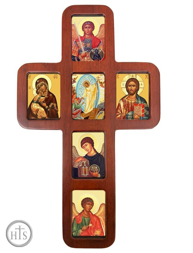 Image - Wooden Cross with Icons, Wall Hanging, 14 Inch