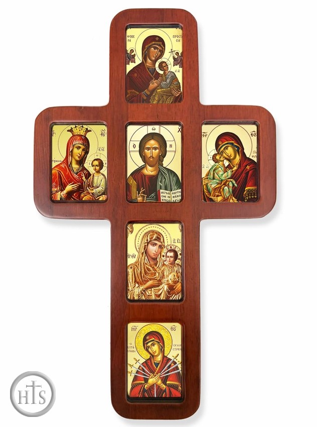 Image - Wooden Cross with Virgin Mary Icons, Wall Hanging