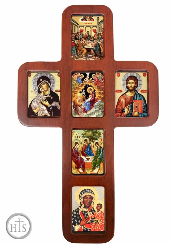 Pic - Oak Wood Cross with Mini Icons, 14 Inch