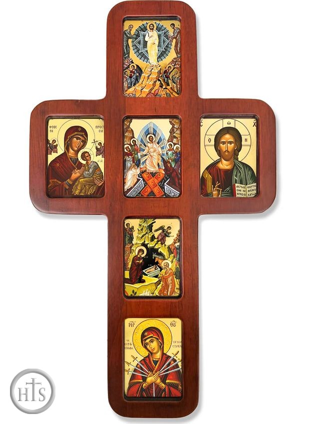HolyTrinityStore Picture - Wooden Cross with Byzantine Icons, Wall Hanging, 14 Inch
